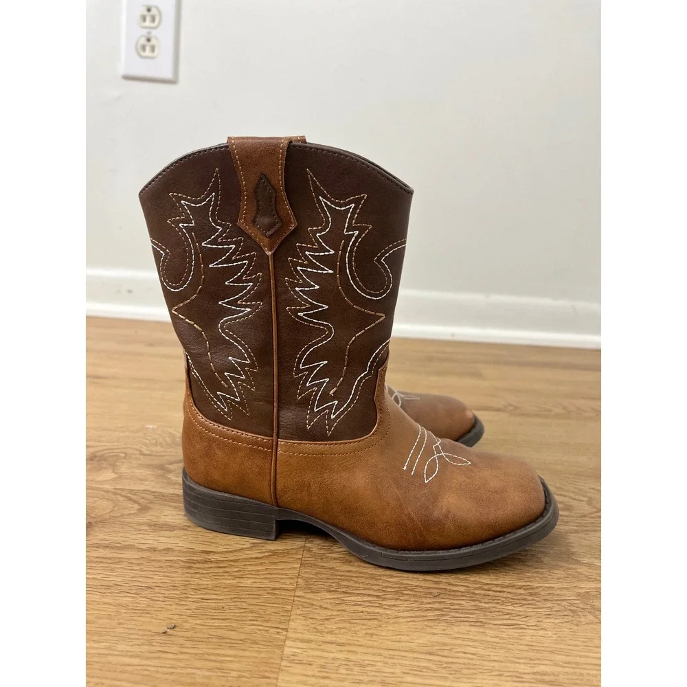 Wonder Nation Western Cowboy Boots Kids Size 1 Brown Contrast Stitch Square Toe